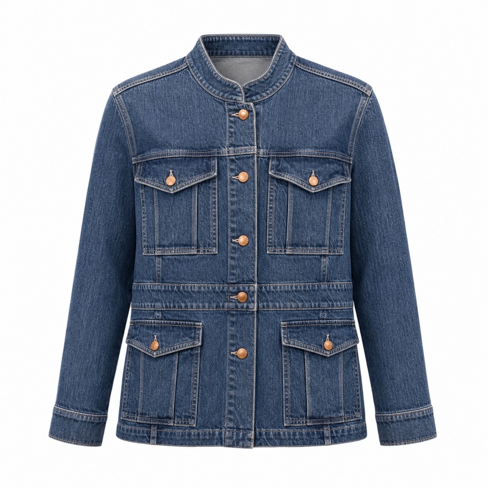 Lane Bryant Womens Blue Denim Banded Waist Utility Jacket Collarless 4-Pocket - Picture 4 of 8